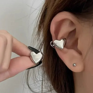 DAIIIBABYYY  -  Punk Silver Metal Heart Ear Cuff Clips Fake Piercing Earrings for Women Fashion Stainless Steel Earring Jewelry Gifts